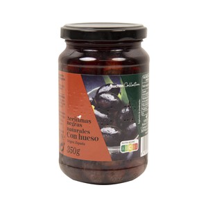 ALCAMPO GOURMET Frasco de aceitunas negras naturales de Aragón con hueso 200 g.