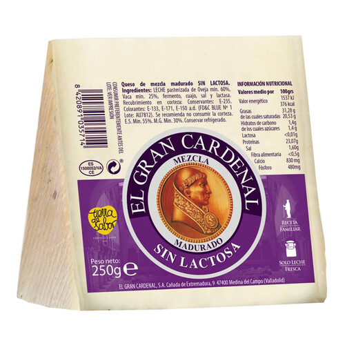 Queso mezcla sin lactosa EL GRAN CARDENAL 250 g.