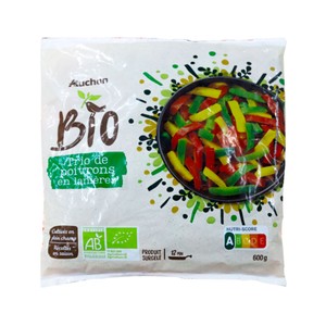 Imagen de AUCHAN Pimientos (verde, rojo y amarillo) cortados en tiras 600 g. Producto Alcampo