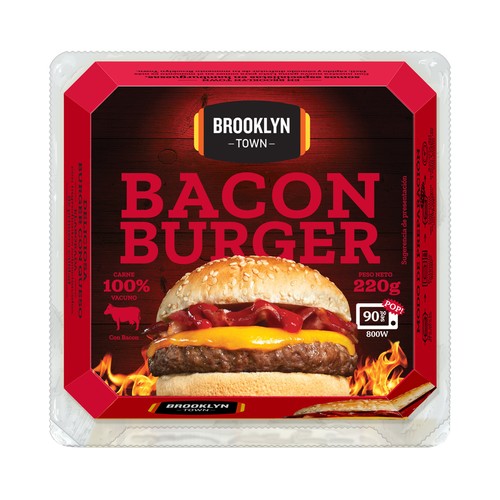 BROOKLYN TOWN Hamburguesa (100% carne de vacuno) con bacon, lista para calentar y comer 220 g.