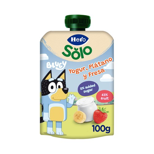 HERO Solo Bolsita de yogur con plátano y fresa, sin azúcares añadidos, a partir de 6 meses 100 g.