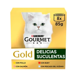 PURINA Gourmet gold delicias suculentas Alimento húmedo para gatos con pollo (2), buey (2), salmón (2) y pescado del océano (2) 8 x 85 g.
