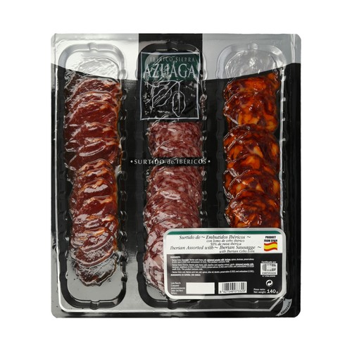SIERRA AZUAGA Surtido de ibéricos compuesto por lomo, chorizo y salchichón ibéricos de cebo (50% raza ibérica) AZUAGA 140 g.