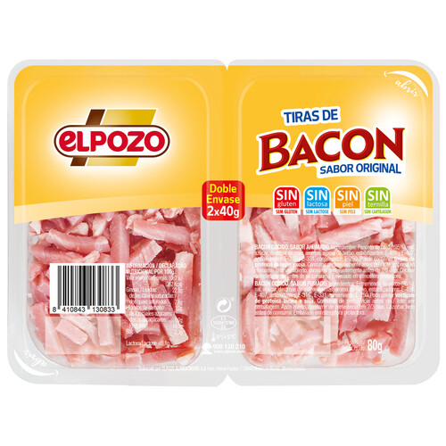 Taquitos de bacon cocido y con sabor ahumado, sin piel ni ternilla EL POZO 2 x 40 g.