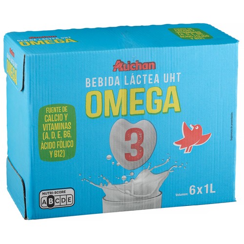 AUCHAN Preparado lácteo desnatado, enriquecido con Omega 3 y vitaminas A, D, E, B6, ácido fólico y B12 6 x 1 l Producto Alcampo.
