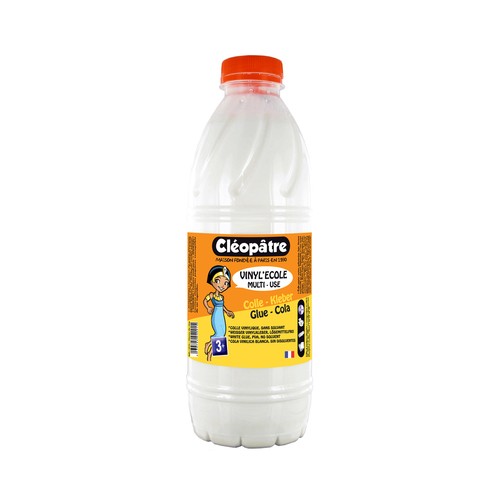 Cola vinílica blanca a base de agua, ideal para trabajos manuales. Sus calidades, grosor y bajo contenido en agua avitan que el papel se  abombe. 100% sin solventes, sin acidos y sin Aldehído fórmico.  Norma 71-3. Bote de 1 kg., CLEOPATRE.