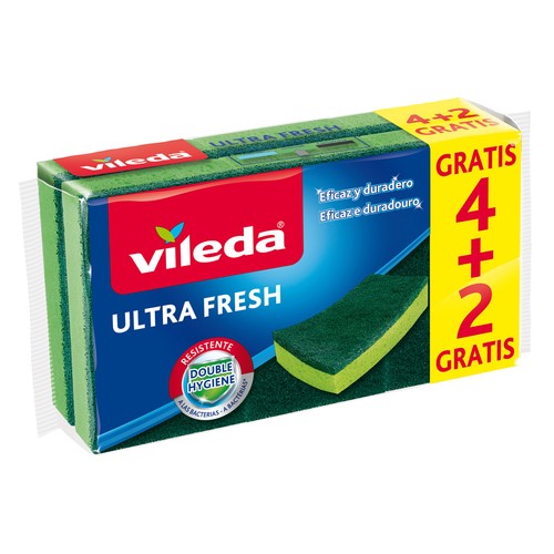 VILEDA Ultra fresh Estropajos de fibra verde con esponja, resistentes a las bacterias 4 uds.