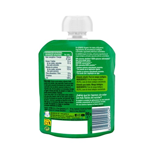GERBER Bolsita de puré de mango ecológico, a partir de 6 meses GERBER Organic 90 g.
