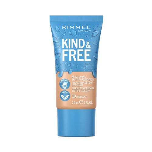 RIMMEL  Kind & free Tono 010 Rose Ivory Base de maquillaje hidratante para un acabado radiante y saludable,30 ml.