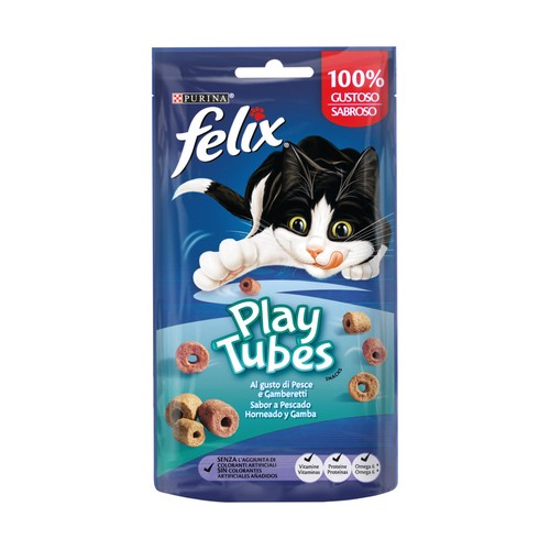 FELIX Snacks para gatos sabor a pescado horneado y gambas, Play Tubes PURINA FÉLIX 50 g.