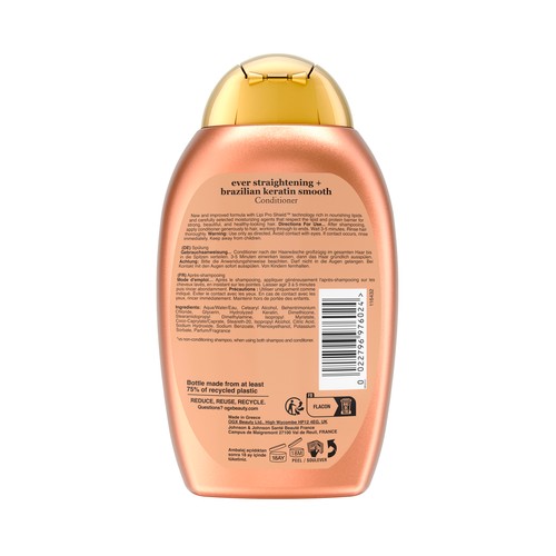 OGX Acondicionador con keratina alisante de Brasil y aceite de coco, para cabellos rizados, ondulados o encrespados 385 ml.