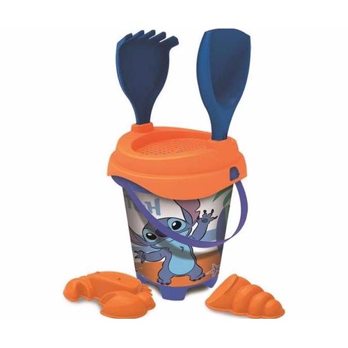 Cubo de playa para hacer castillos con pala, rastrillo y moldes STITCH.