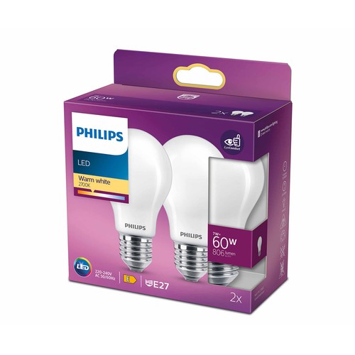 Pack de 2 bombillas Led E27, 7W=60W, luz cálida 2700K, 806lm, PHILIPS