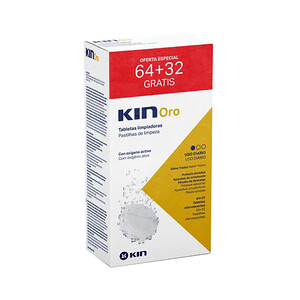 Limpiador de uso diario, con oxigeno activo, para prótesis totales y parciales KIN Oro 64 uds.