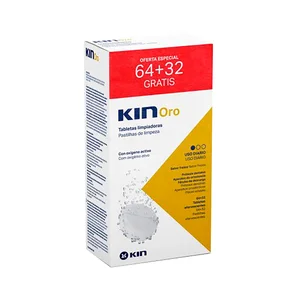 Limpiador de uso diario, con oxigeno activo, para prótesis totales y parciales KIN Oro 64 uds.