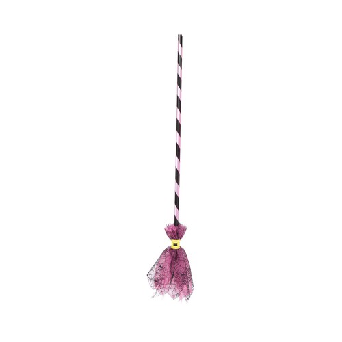 Escoba plástico, bruja con telaraña color rosa. RUBIES