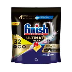 Imagen de FINISH Ultimate Detergente todo en 1, en cápsulas para lavavajillas, con aroma a limón 32 uds.