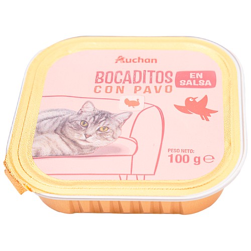 PRODUCTO ALCAMPO Alimento completo para gatos adultos, con trocitos de pavo en salsa 100 g.