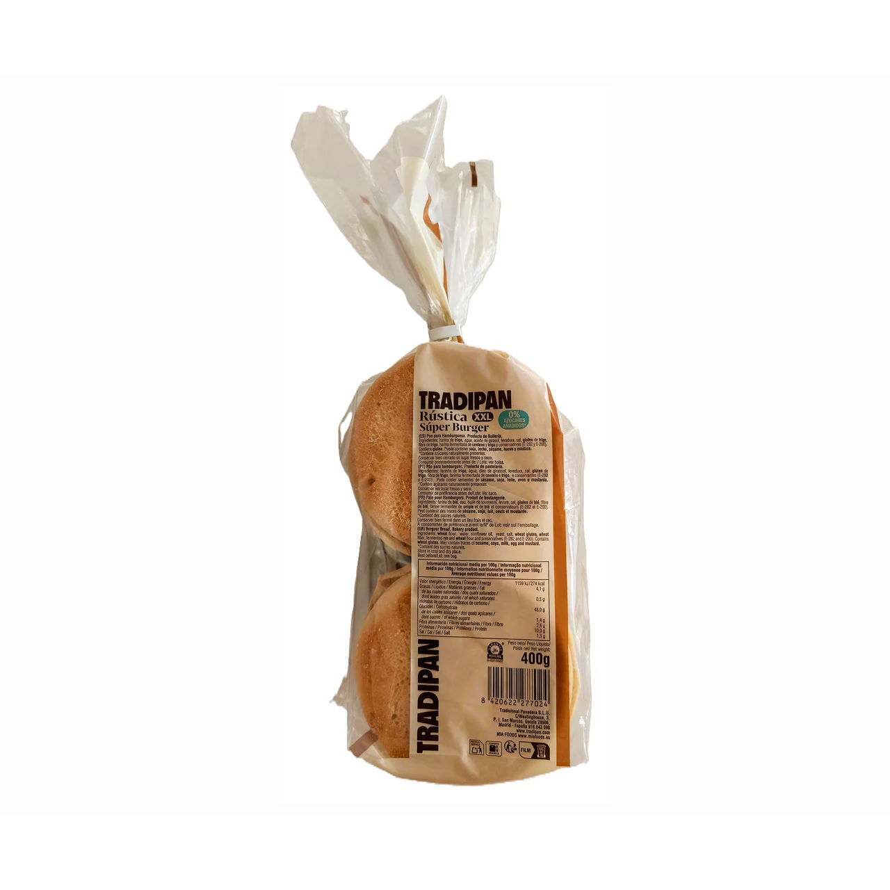Pan de hamburguesa rústico xxl 400 g.