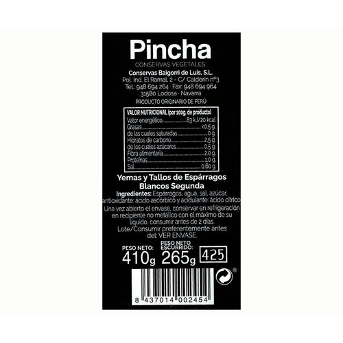 PINCHA Yemas y tallos espárragos blancos 265 g.