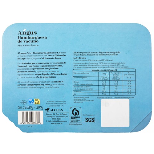 ALCAMPO CULTIVAMOS LO BUENO Hamburguesa de vacuno angus 2x150 g.