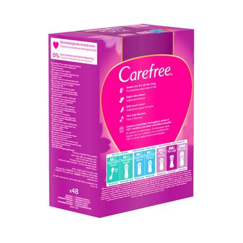 CAREFREE Plus large Salvaslips (protegeslips) extra largos y super absorbentes con fragancia ligera 48 uds.