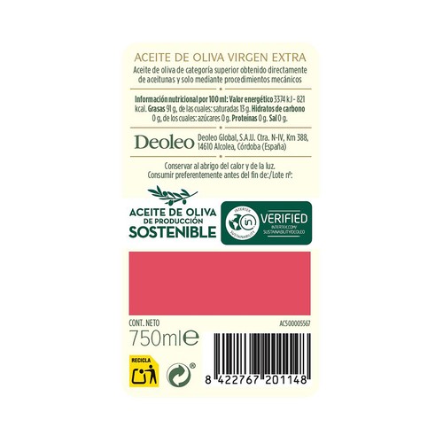 Aceite de oliva virgen extra MAESTROS DE HOJIBLANCA 750 ml.
