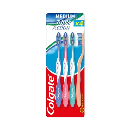 COLGATE Triple action Cepillo de dientes medio, que ayuda a eliminar manchas y bacterias bucales 4 uds.