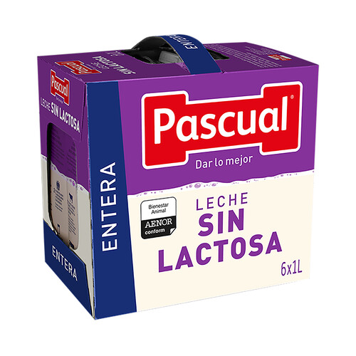 PASCUAL Leche entera sin lactosa procedente de vacas con bienestar garantizado  6 x 1 l.