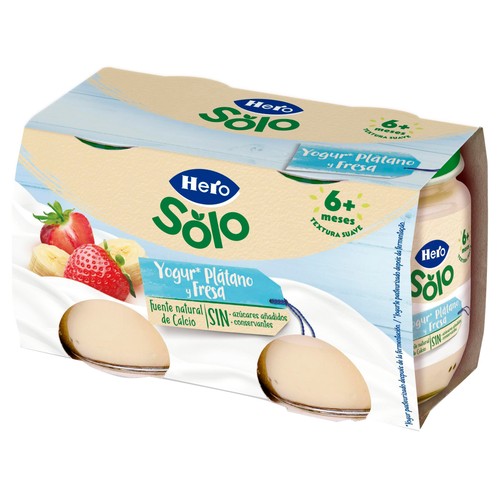 HERO Solo Yogur de plátano y fresa adaptado para bebés, a partir de 6 meses 2 x 120 g.