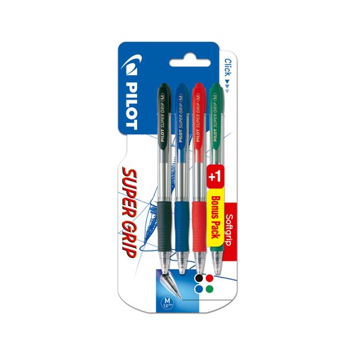 Set 3+1 bolígrafos super grip retráctiles, 1 negro, 1 azul, 1 rojo, 1 verde, PILOT.