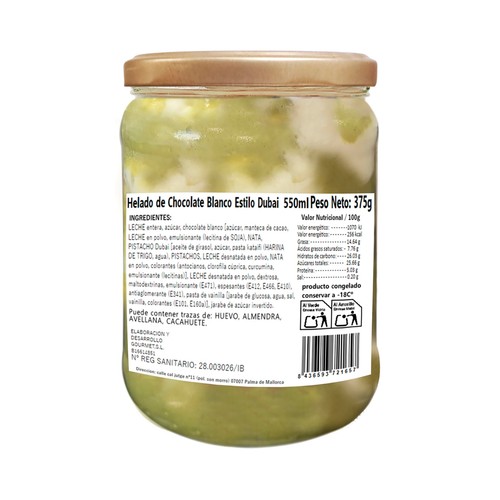 MURMUI Tarrina de helado de chocolate blanco con pistacho y textura Knafeh (estilo Dubai) 550 ml.