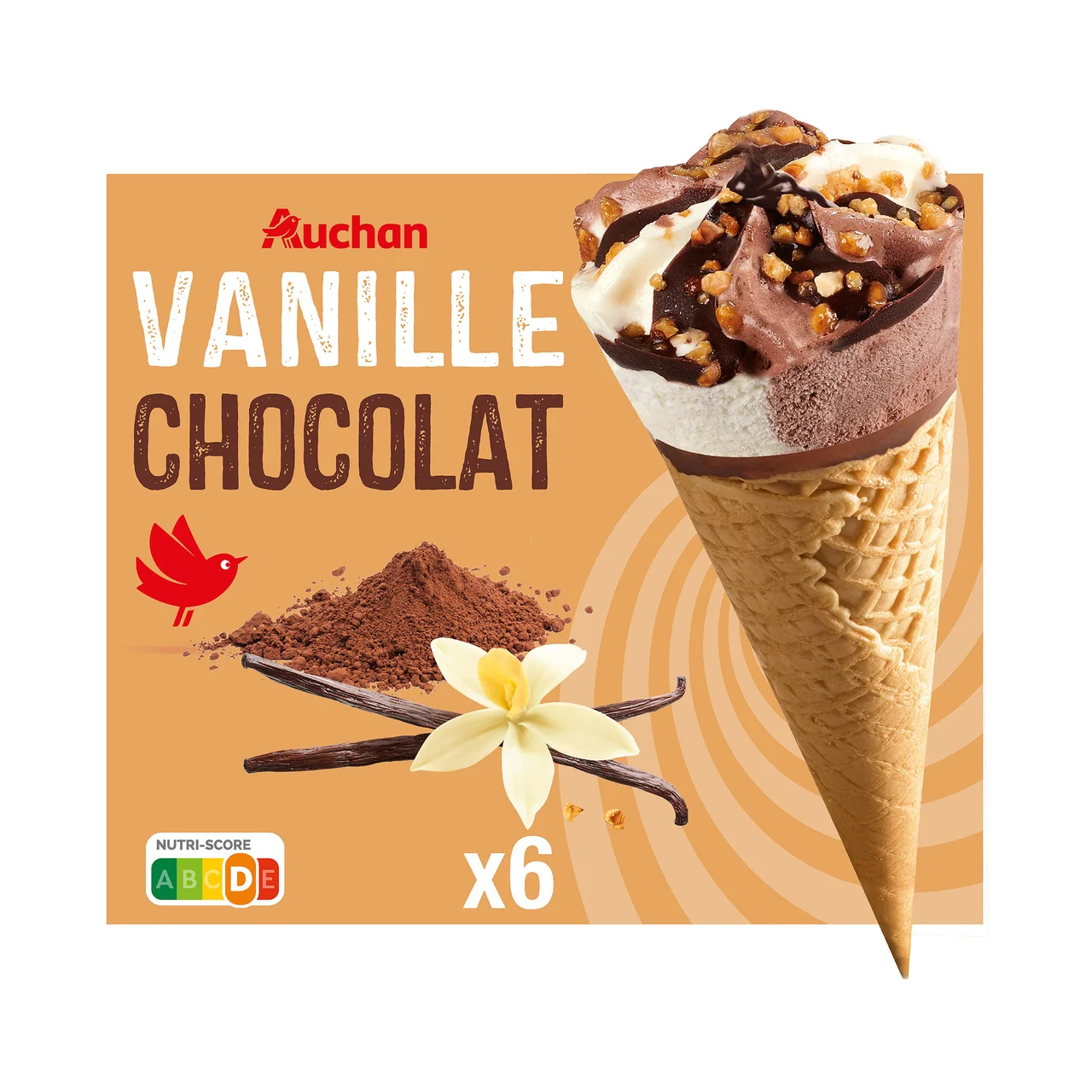 AUCHAN Conos de helado de vainilla y chocolate con trocitos de almendra caramelizada 6 x 120 ml. Producto Alcampo