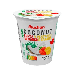 AUCHAN Producto vegetal de coco con fresa-platano sin azúcar 150 g. Producto Alcampo.