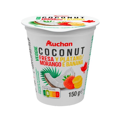AUCHAN Producto vegetal de coco con fresa-platano sin azúcar 150 g. Producto Alcampo.