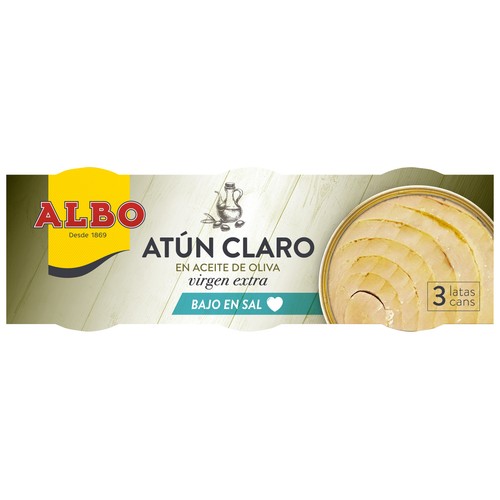 ALBO Atún claro en aceite oliva virgen extra, contenido reducido en sal lata 67 g. pack 3 uds.