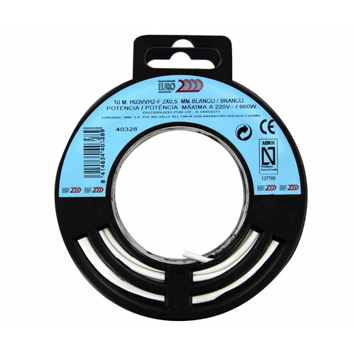 10 metros de cable redondo blanco, sección de 2x0.5mm. EUROBRIC 2000 H03VVH2-F.