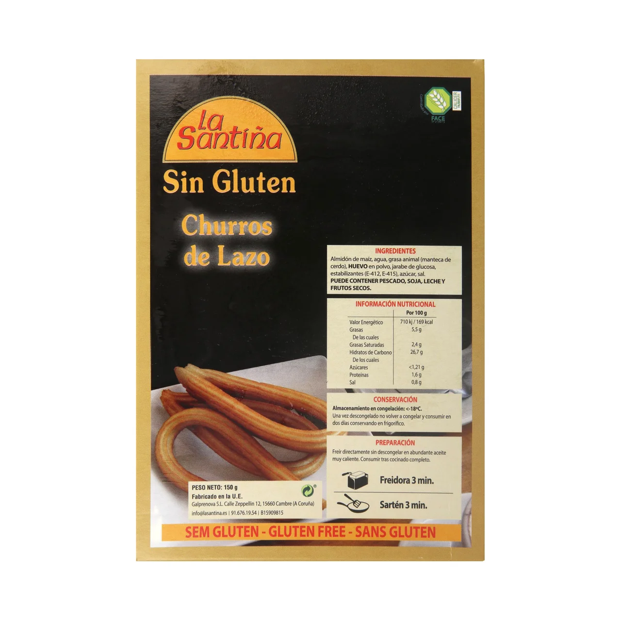 LA SANTIÑA Churros con forma de lazo, precocinados, ultracongelados y sin gluten 150 g.