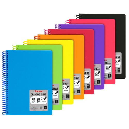Cuaderno A5 polipropileno 80h 90gr, pauta 3 espiral surtido. AUCHAN