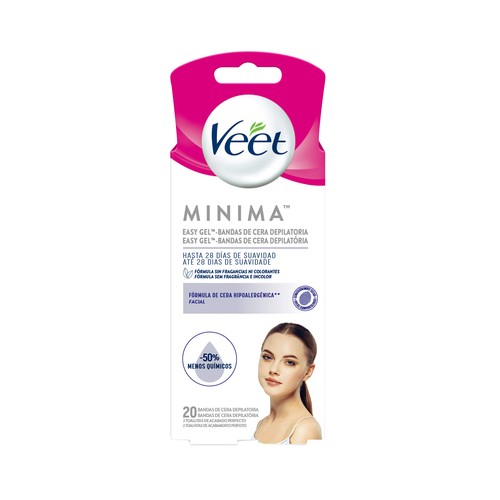 Bandas de cera depilatoria facial, para todo tipo de pieles VEET Minima 20 uds.
