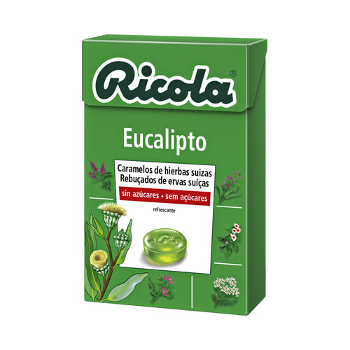 RICOLA Caramelos de hierbas suizas, sin azúcar, sabor a eucalipto y efecto refrescante RICOLA 50 g.
