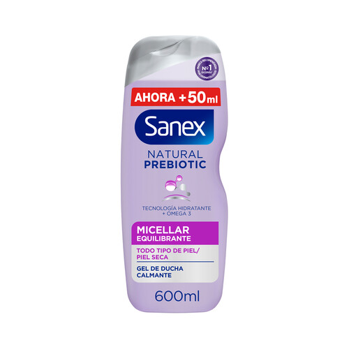 SANEX Gel de ducha o baño micelar equilibrante, para todo tipo de piel y piel seca SANEX Natural prebiotic 600 ml.