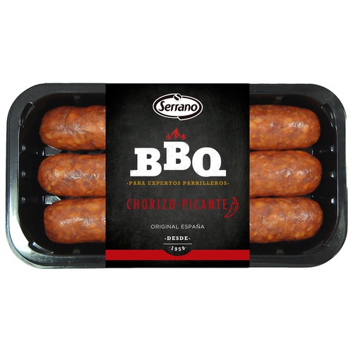 Bandeja con chorizos picantes especiales para barbacoa SERRANO 400 g.