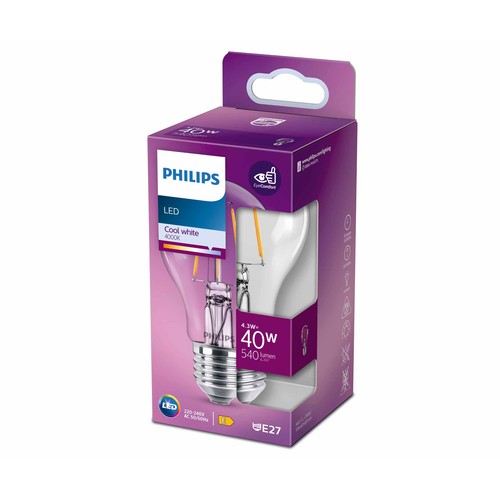 Bombilla Led E27, 4,3W=40W, luz fría 4000K, 540lm, PHILIPS.