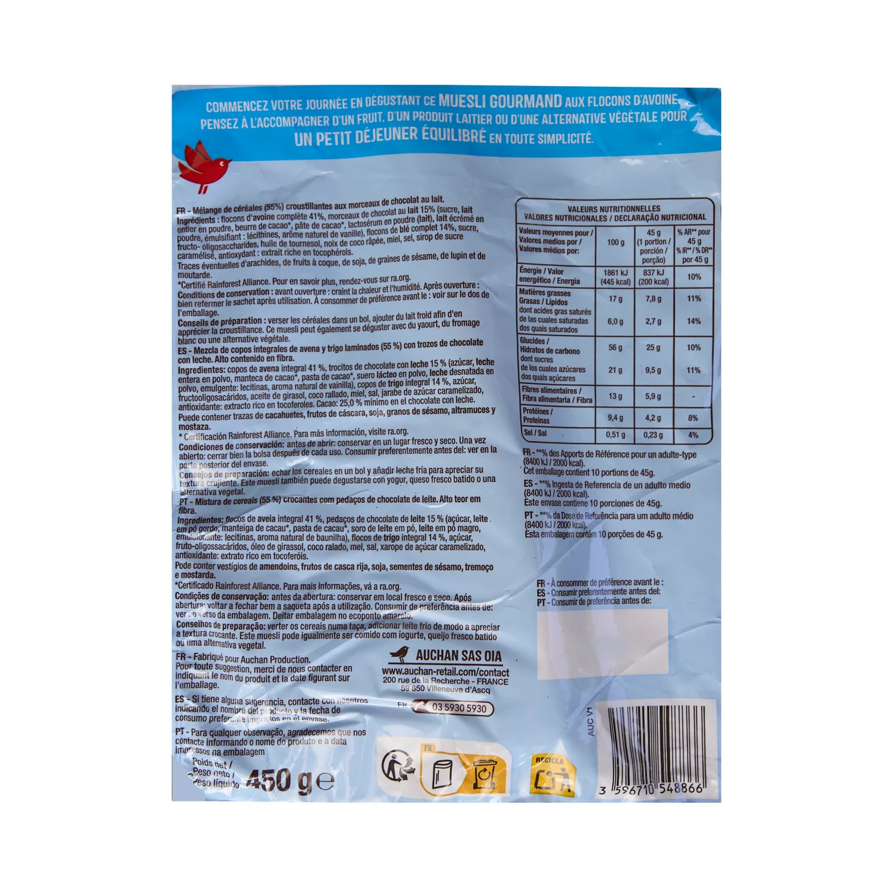 PRODUCTO ALCAMPO Cereles muesli crujiente con chocolate con leche 450 g.