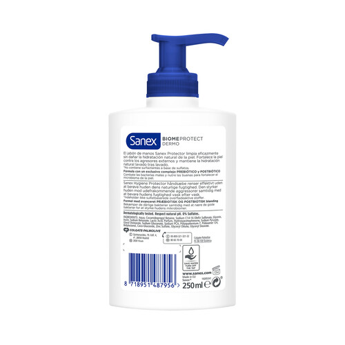 SANEX Biomeprotect Jabón de manos con textura crema, con Prebióticos y Probióticos 250 ml.