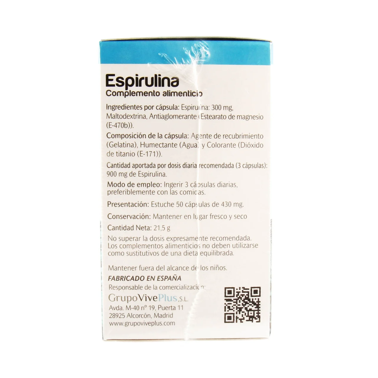 VIVE+ SALUD Y VIDA Complemento alimenticio a base de espirulina, 50 uds x 33 g.