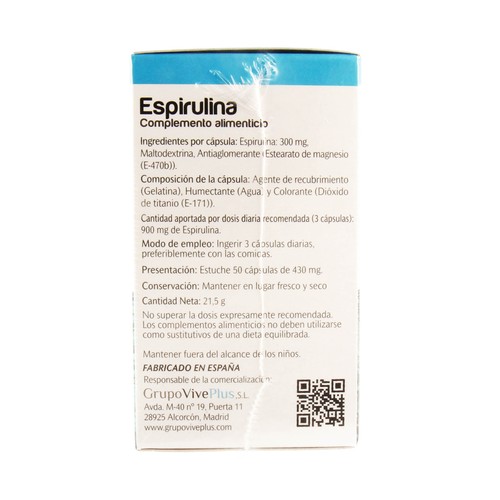 VIVE+ SALUD Y VIDA Complemento alimenticio a base de espirulina, 50 uds x 33 g.
