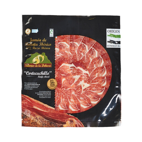 Jamón de bellota ibérico (50% raza ibérica), cortado en lonchas corte de cuchillo VILLAR Sabores de la dehesa 100 g.