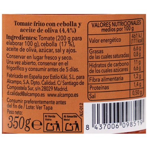 PRODUCTO ALCAMPO Collection Tomate frito con cebolla y aceite de oliva, elaborado a fuego lento 350 g.